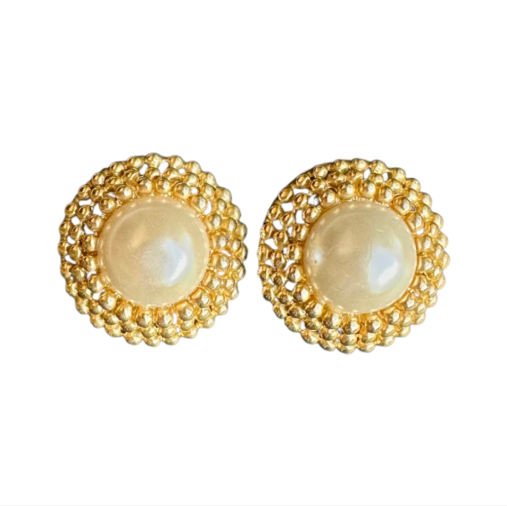 Vintage Gold-Tone Clip-On Earrings Faux Pearl Dome 1.25” Round
